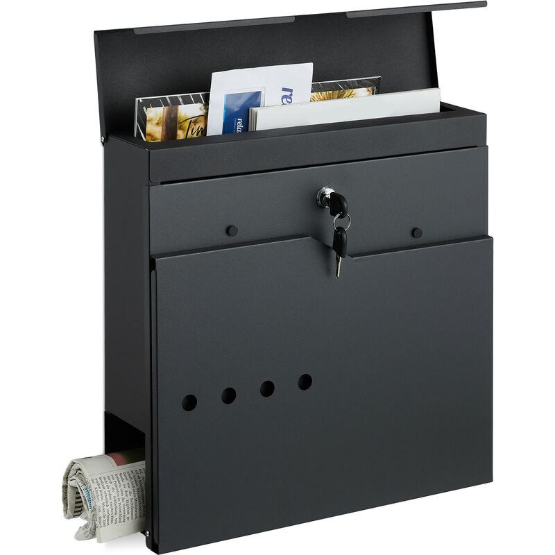 Relaxdays - Mailbox with Newspaper Compartment, Modern Elegant Design, HxWxD 37 x 37 x 11 cm, 2 Keys, Steel, Matt Black