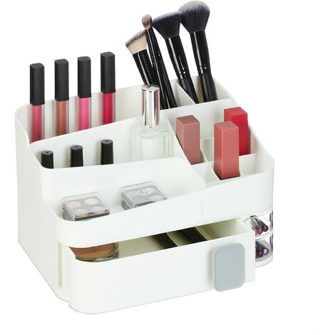 Relaxdays Make Up Organizer, 18 Fächer, Kosmetik Aufbewahrung, Kunststoff, HBT: 15 x 26 x 21 cm, Kosmetikorganizer, weiß