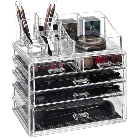 Make Up Organizer mit 5 Schubladen, Zweiteilige Schmink-Aufbewahrung für Lippenstift u. Pinsel, transparent