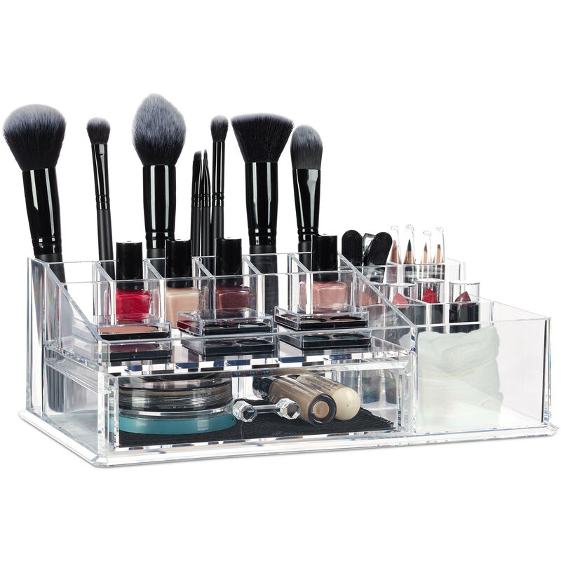 Relaxdays - Makeup Organiser with Drawer, Acrylic Storage Box for Cosmetics and Jewellery, Lipstick Holder, Transparent