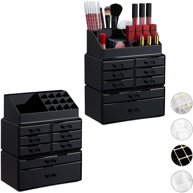 Set of 2 Relaxdays Makeup Organizers with Drawers, Stacking Makeup and Jewellery Box, Acrylic Cosmetic Kit, Black