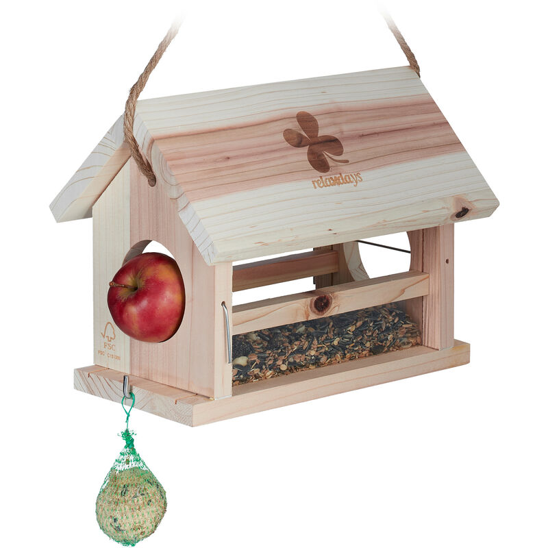 Mangeoire d'extérieur pour oiseaux, support boules de graisse, porte-pommes, HxLxP env. 24x31x20 cm, nature - Relaxdays