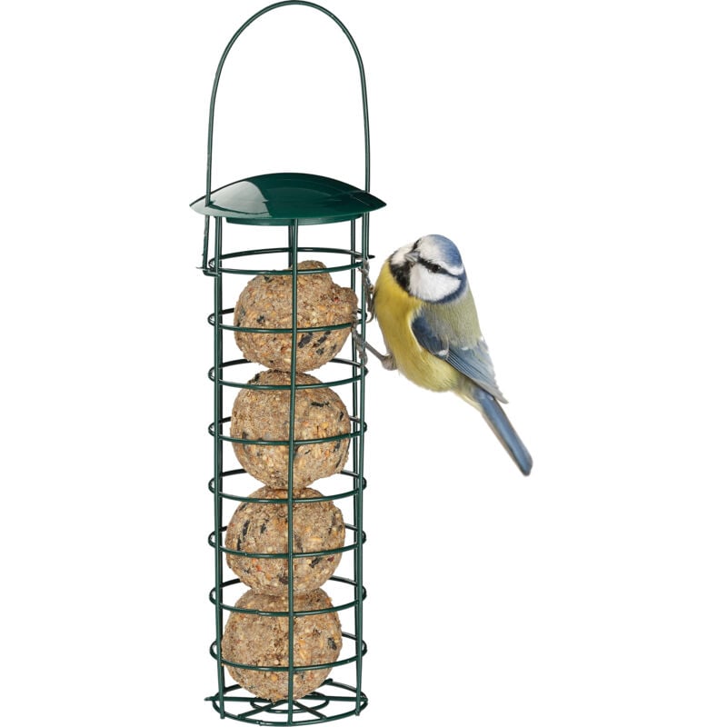 Mangeoire pour oiseaux à accrocher, lot de 2, borne à nourriture pour oiseaux, avec toit, fer 31 cm, vert foncé