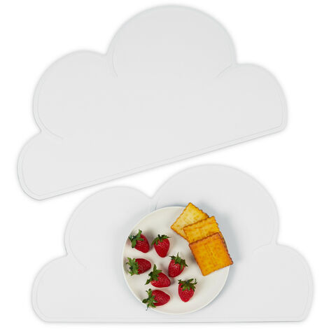 Relaxdays Manteles Individuales Infantiles, Set de 2, Nube, Antideslizantes, Lavables, 47,5 x 26,5 cm, Gris Claro