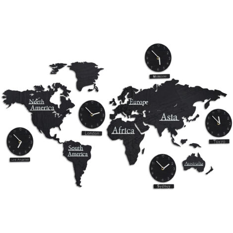 Relaxdays Mapa Mundo Madera con 5 Relojes, 10 Nombres de Ciudades, Mapamundi 3D, con Plantilla, 61x113 cm, Negro