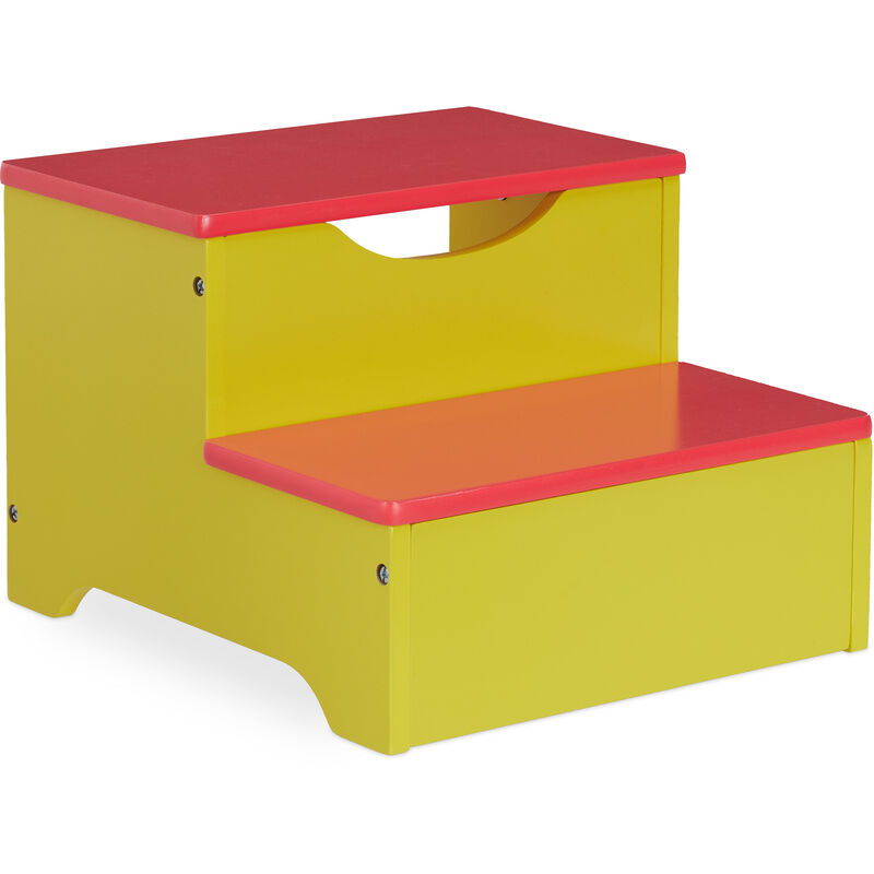 Marchepied pour enfants, petit tabouret, 2 marches, hauteur 25 cm, salle bain, mdf, accès lavabo, rouge-jaune - Relaxdays