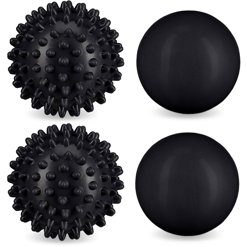 Massage Balls, Set Of 4, Rolling Exercises, Muscle Relaxer, Spiky, For Feet, Ø 6.5 Cm, Nubs, Home Gym, Black - Relaxdays