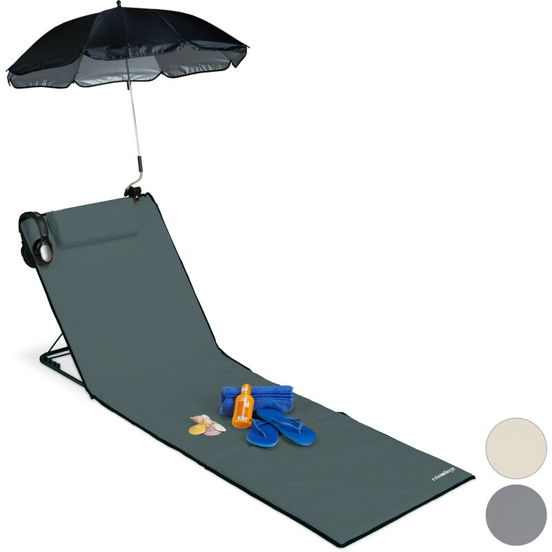 Relaxdays Matelas de plage, Litière de plage rembourré XXL avec un parasol, réglable, Poche, portable, Anthrazit