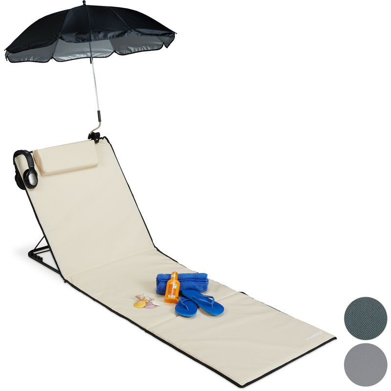 Relaxdays - Matelas de plage, Litière de plage rembourré xxl avec un parasol, réglable, Poche, portable, beige