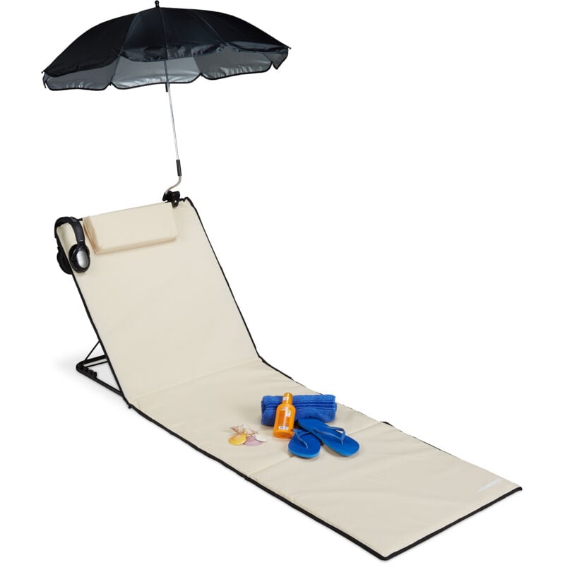 Relaxdays - Matelas de plage, Litière de plage rembourré xxl avec un parasol, réglable, Poche, portable, beige