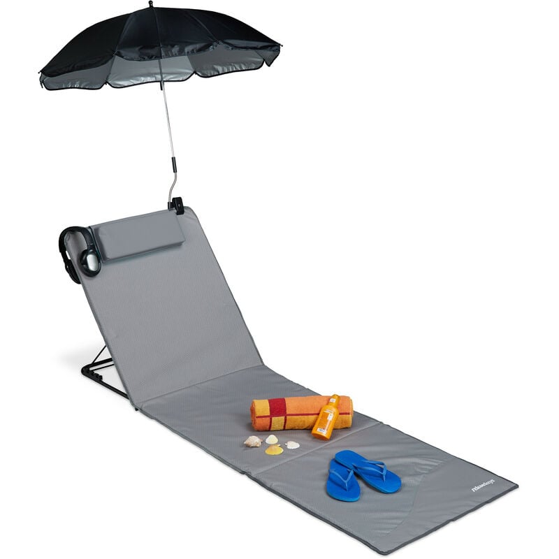 Relaxdays Matelas de plage, Litière de plage rembourré XXL avec un parasol, réglable, Poche, portable, gris