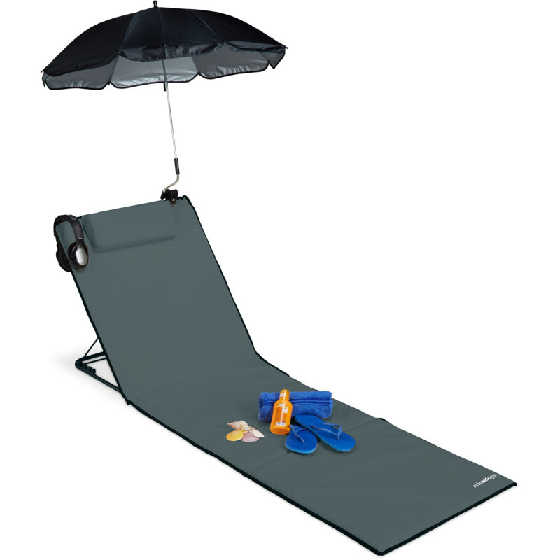 Relaxdays Matelas de plage, Litière de plage rembourré XXL avec un parasol, réglable, Poche, portable, Anthrazit