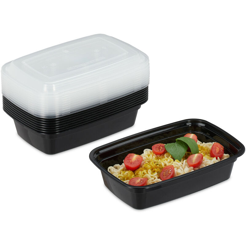 Meal prep containers, lot de 10, 1 compartiment, 1000 ml, micro-ondes, étanches, boîte repas, plastique, noir - Relaxdays