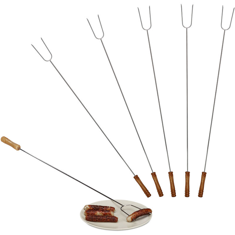 Meat Skewers Set of 6, Wooden Handle, Secure, Campfire, Universal, 80 cm Long, Stainless Steel, Silver/Natural - Relaxdays