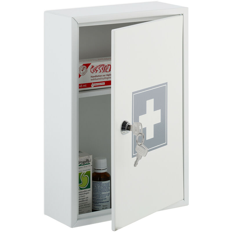 Medicine Cabinet, Lockable, 2 Compartments, Hwd, 32 X 21.5 X 8 Cm, Wall Mounted, First Aid, Metal, White/grey - Relaxdays