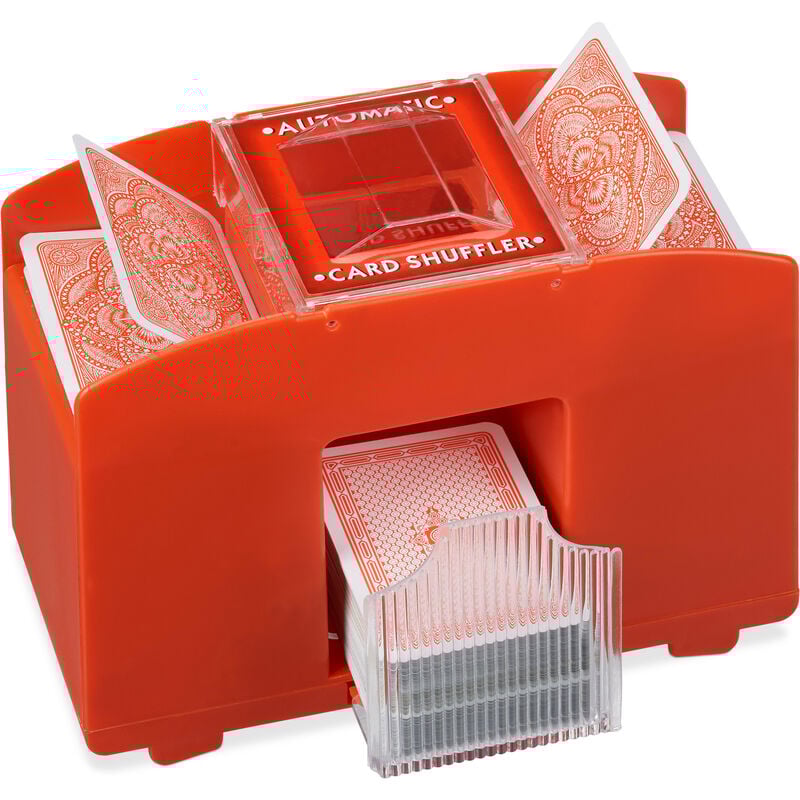 Relaxdays - Mélangeur de cartes, 4 étages, automatique, cartes jusqu'à 91 mm, HxLxP : 15x20,5x10,5, plastique, rouge