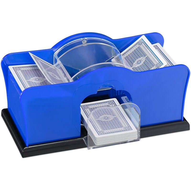 Mélangeur de cartes jusqu'à 91 mm, mixeur manuel, pour 2 jeux, avec manivelle, plastique, bleu - Relaxdays