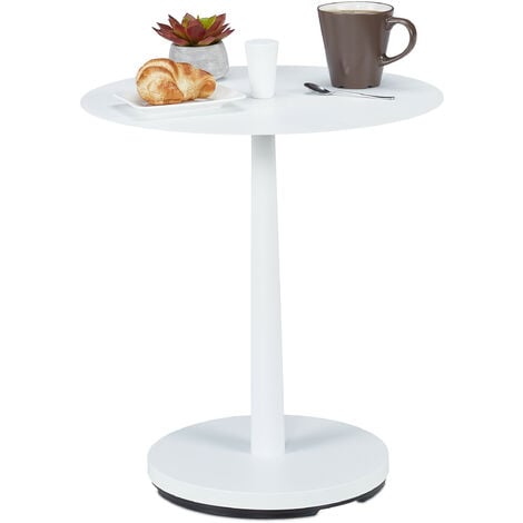 Relaxdays Mesa Auxiliar, Acero, Madera, 56 x 45 cm, Mesita Salón Redonda, Mesilla Metal Moderna, Blanca/Marrón