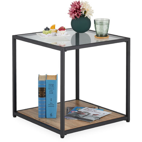 Relaxdays Mesa Auxiliar Cúbica SVART, Mesita Centro 2 Repisas, Cristal y Metal, 50 x 50 x 50 cm, Negro y Marrón Natural