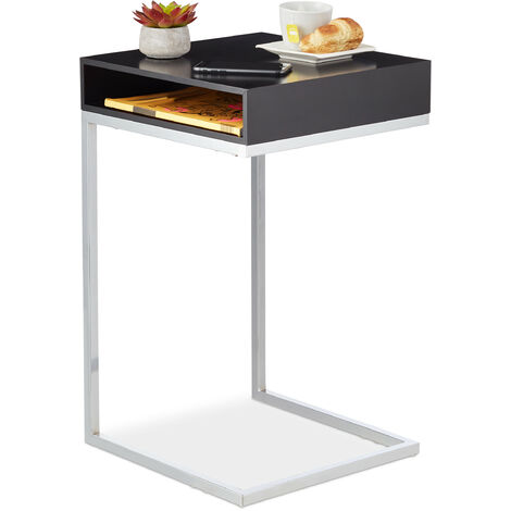 Relaxdays Mesa Auxiliar en Forma de C, Mesilla Sofá, Mesita Cama Pata Acero, Tablero MDF, 63x37x38 cm, Negro/Plateado