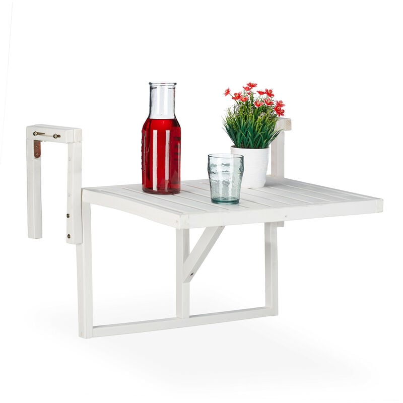 Relaxdays Table repliable en bois pour balcon, à suspendre, hauteur variable, HLP : 55x70x65 cm, bois de sapin, blanc