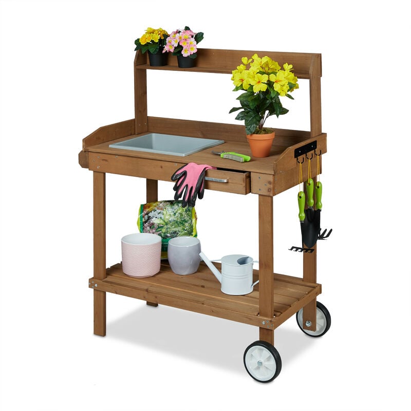 Table pour plante avec roulettes, bac et tiroir, pour le jardin, bois, plastique, hlp: 120 x 97 x 49 cm, brun - Relaxdays