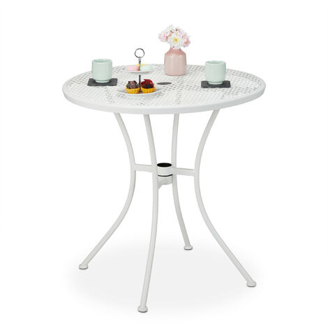 Relaxdays Mesa Jardín, Agujero para Sombrilla, Diseño Rejilla, Acero Resistente, 72x70 cm, Mesita Balcón Redonda, Blanco