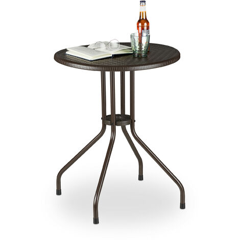Relaxdays Mesa Jardín, Efecto Ratán, Mesita Balcón Pequeña, Plástico y Metal, Mueble Patio Resistente, 74x60 cm, Marrón