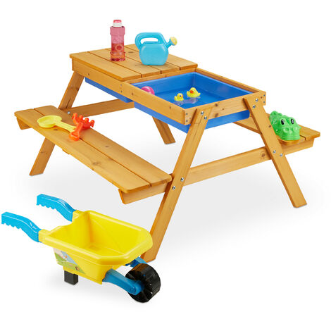 Relaxdays Mesa Pícnic Infantil, Banco Jardín Niños con Cocina de Juguete, para Sentarse y Jugar, 49 x 90 x 85cm, Natural