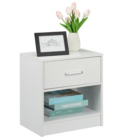 Relaxdays Mesita de Noche, con Cajón, Compartimento Abierto, 41,5x39x31cm, Mesa Cama Dormitorio, Mesita Auxiliar, Blanca
