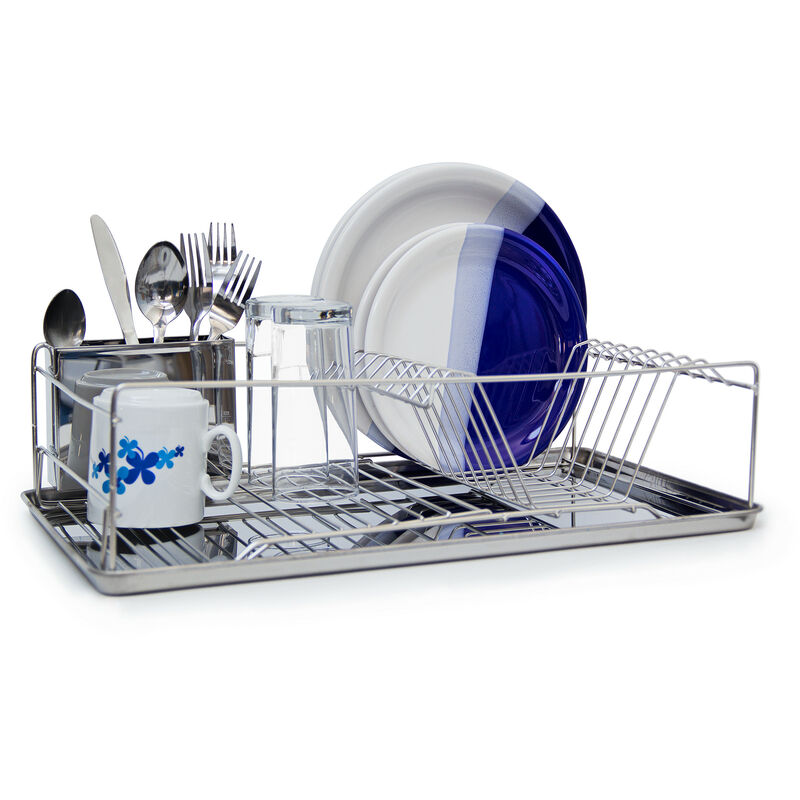 Metal Dish Rack Draining Rack with Drip Tray and Cutlery / Silverware Basket, 33 x 48 x 12 cm, Silver - Relaxdays