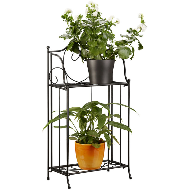 Metal Flower Stand with 2 Tiers, for Potted Plants, Balcony Decor, Outdoor, Freestanding, 64.5 x 33.5 x 18cm, Black - Relaxdays