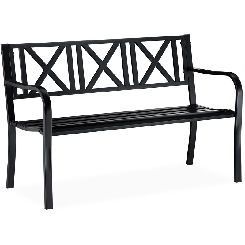 Relaxdays - Metal Garden Bench, 2 Seater, Weatherproof, Patio, Porch & Balcony Bank, H x W x D 81 x 127 x 56 cm, Steel, Black