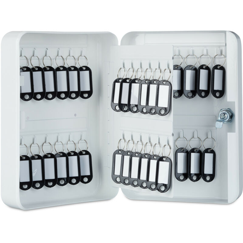 Relaxdays - Metal Key Cabinet, Lockable, 48 Hooks with Key Tags, hwd 25x18x7.5 cm, White