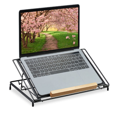 Relaxdays Metal Mesh Laptop Stand, 13 inch,Ventilation Notebook Holder, Adjustable Height, Steel & Wood, Black
