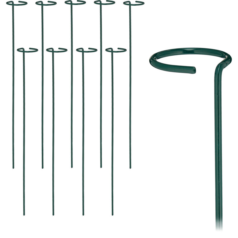 Relaxdays Plant Supports, Set Of 10, Metal Climbing Rods With Ring, Garden Stakes, For Climbers, 60 Cm Long, Dark Green
