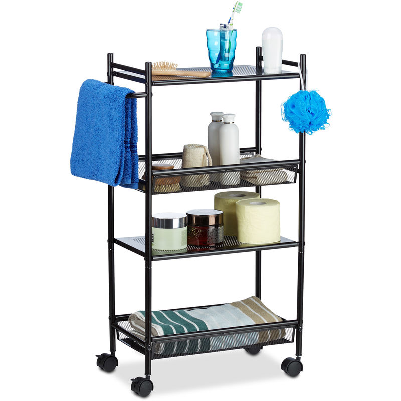 Metal Serving Cart, 4-Tier Kitchen Trolley, Office Rack with Wheels HxWxD: 81 x 26 x 50 cm, Black - Relaxdays