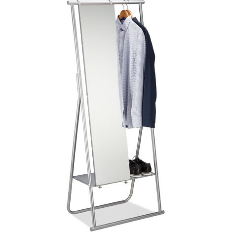   Metall Garderobe mit Ganzkörperspiegel, Kleiderstange & Ablage, Garderobenständer HBT 156,5x64,5x39 cm, silber