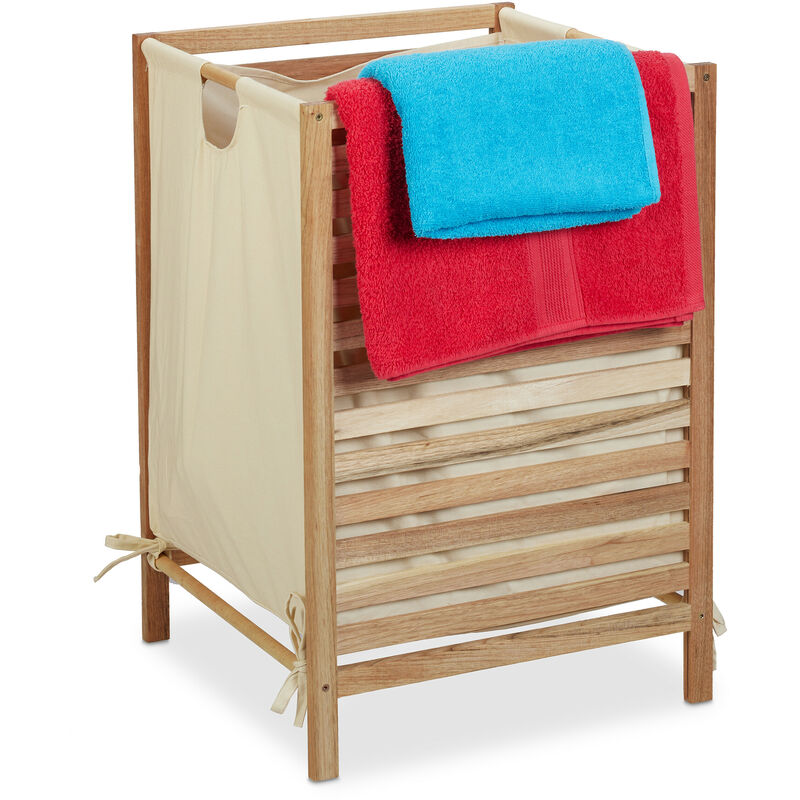 Meuble à linge, bois et coton, volume : 60 litres, h x l x p : 63,5 x 43 x 43 cm, salle de bain, nature/beige - Relaxdays