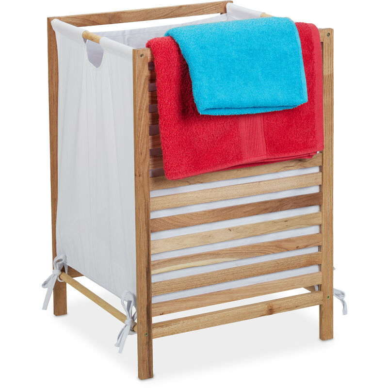 Meuble à linge, bois et coton, volume : 60 litres, h x l x p : 63,5 x 43 x 43 cm, salle de bain, nature/blanc - Relaxdays