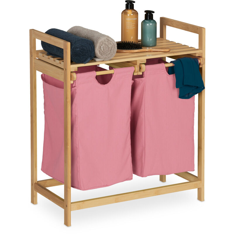 Meuble à linge, structure en bambou, 2 sacs amovibles, h x l x p : 73 x 64 x 33 cm, nature et rose - Relaxdays