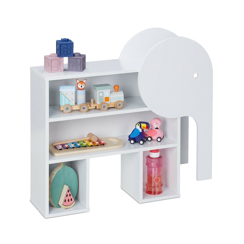 Meuble de rangement éléphant, 4 compartiments, bibliothèque, enfants, h x l x p : 60,5 x 64,5 x 20,5 cm, blanc - Relaxdays