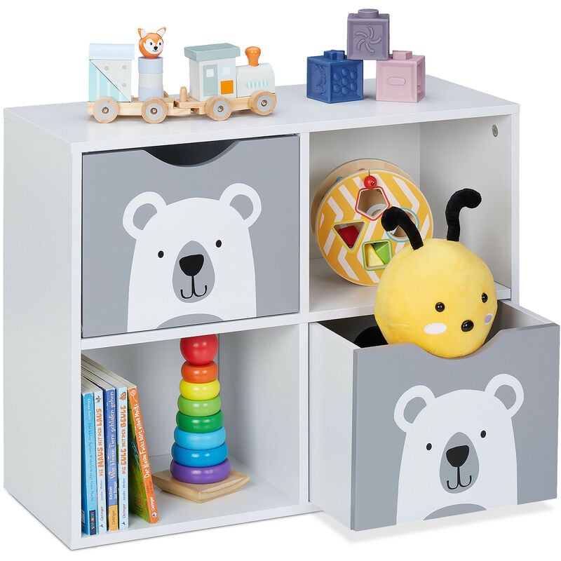 Meuble de rangement oursons, 2 tiroirs, 2 compartiments ouverts, h x l x p : 48 x 60 x 24,5 cm, blanc - gris - Relaxdays