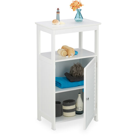Relaxdays – Meuble de rangement salle de bain étroit – Dimensions HxLxP: 83x45x30cm – 3 compartiments avec porte à lamelles – MDF blanc