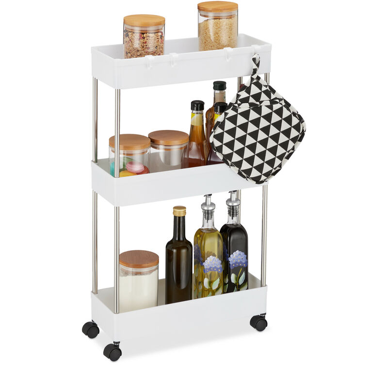 Meuble polyvalent à roulettes, 70x15,5x40,5 cm, plastique, acier inoxydable, 4 crochets, 3 étagères, blanc - Relaxdays