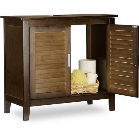 Relaxdays Meuble sous lavabo, bambou, mobilier sous vasque, rangement salle de bain HLP: 60x67x30 cm, marron foncé