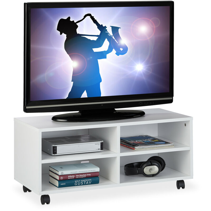 Meuble tv avec 4 compartiments, sur roulettes, pour CDs, dvd et consoles, Table HiFi salon, HlP 35x80x35cm - Relaxdays