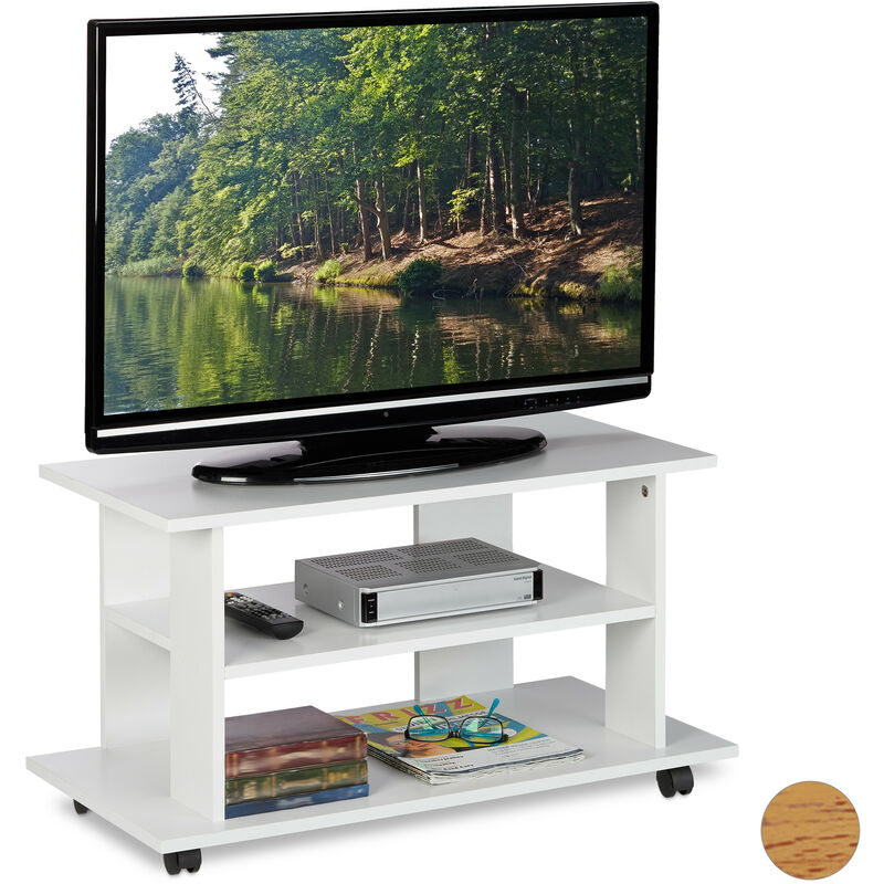 Meuble tv sur roulettes, 2 compartiments, Console tv, receiver, Table tv sur roulettes HlP 45 x80x40cm, blanc - Relaxdays