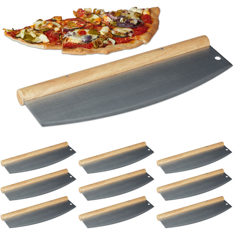 Relaxdays - Set 10x Mezzaluna tagliapizza coltello per pizza acciaio inox con manico in legno 1 lama con custodia HxL: 12 x 35 cm, argento