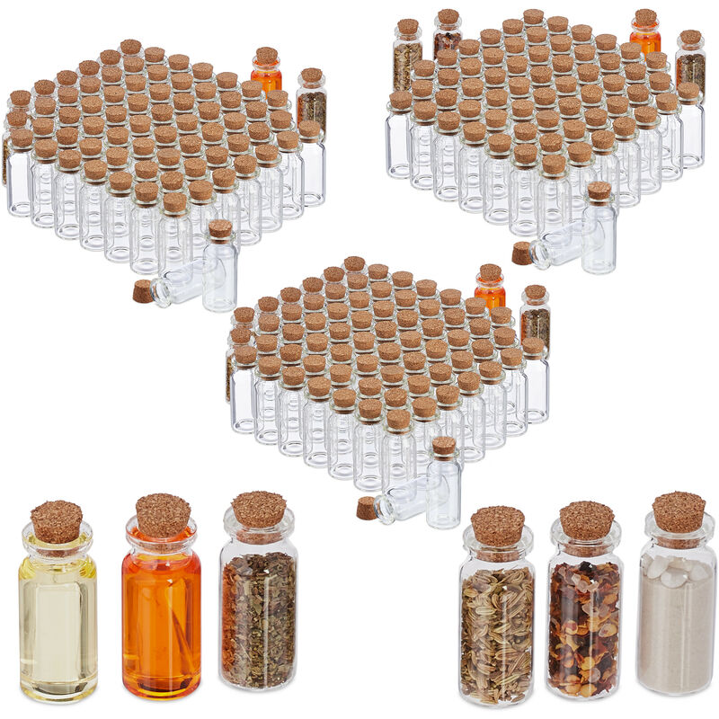 Relaxdays - Mini Glass Bottles with Cork Stopper, 216 Pieces, Perfect for Oils, Spices, Sand, 10 ml, Deco, Transparent